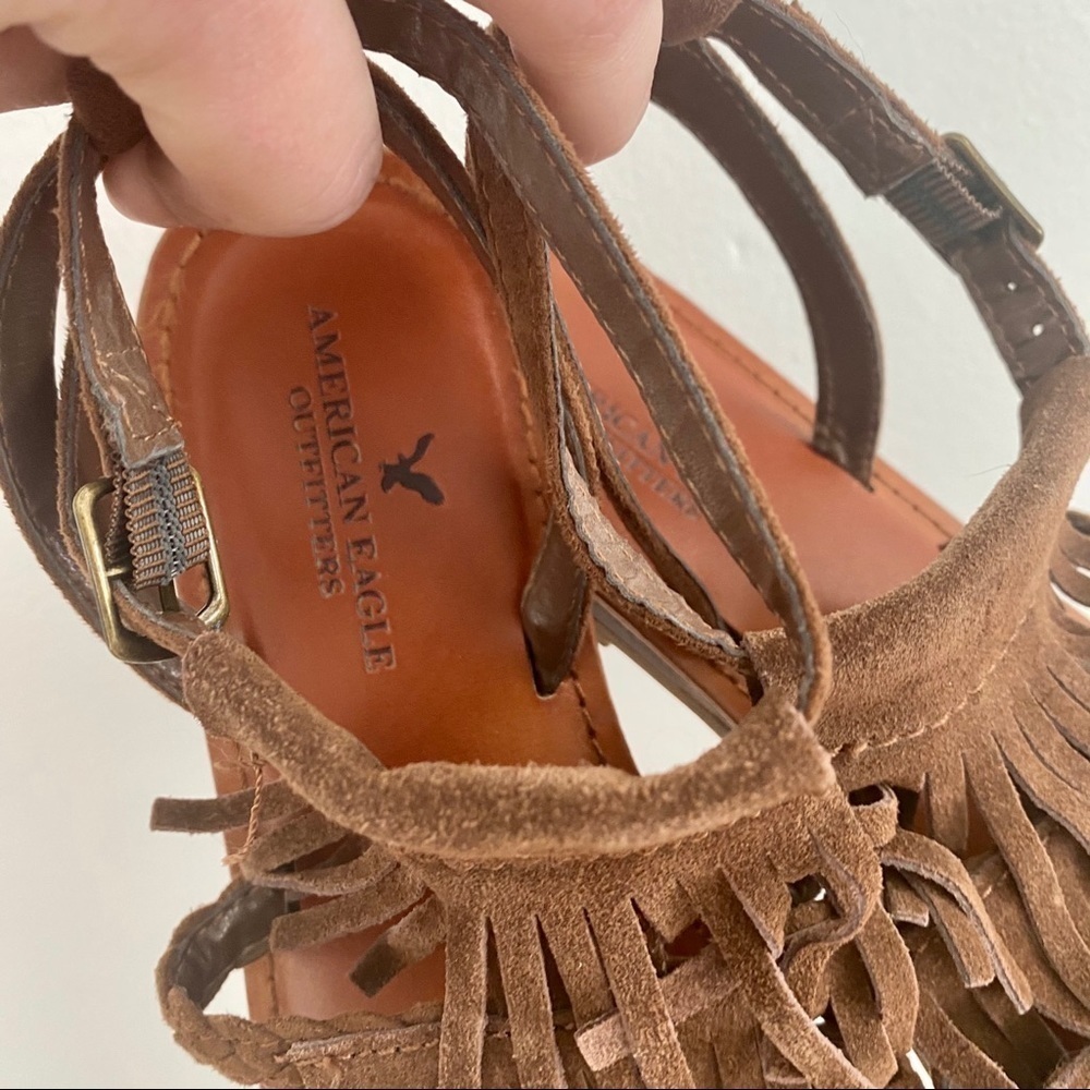 American Eagle Brown Suede Fringe Sandals | Boho/Western Style | Brass Buckle - Picture 7 of 9